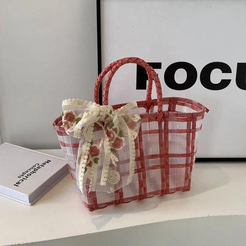 Large capacity picnic bag for ladies  two-tone fabric  embroidered bow  casual PVC bag  women's bags