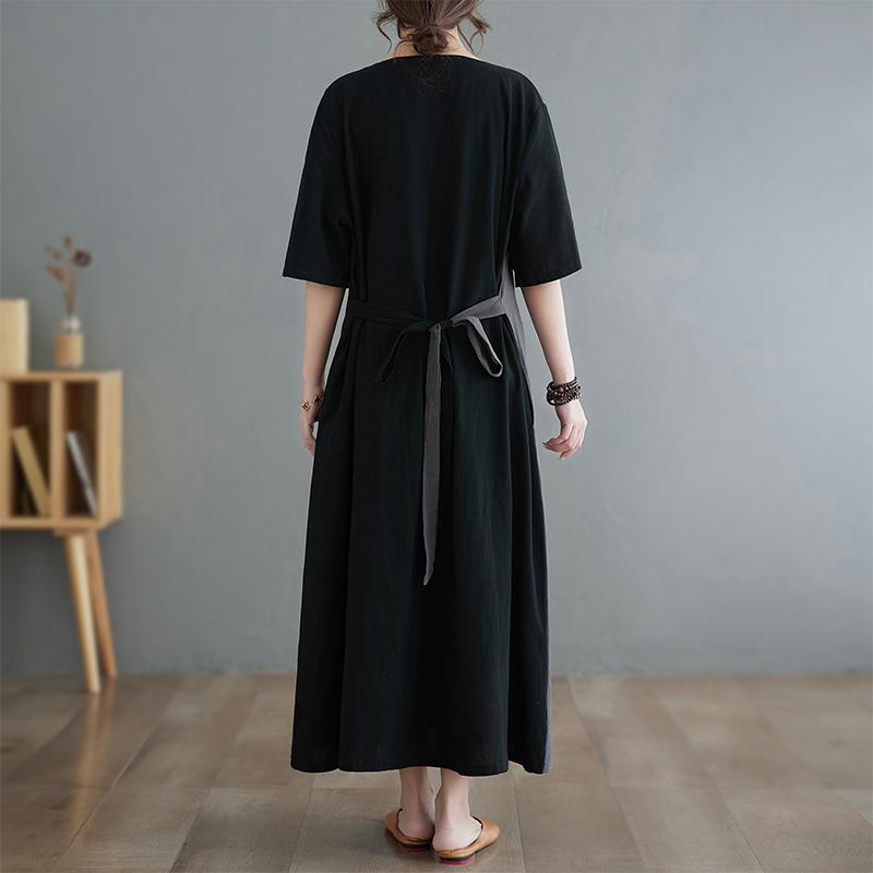 Dimanaf 2025 New Summer Women Plus Size Loose Vintage Dress Basic V-Neck Casual Long Dress Linen Maxi