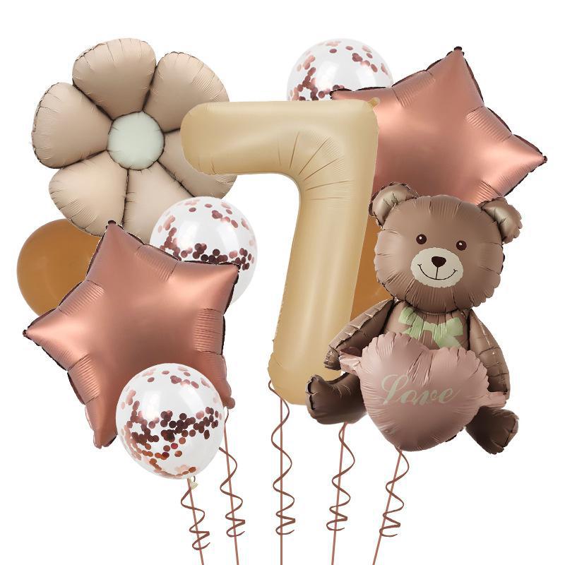 Matte Love Bear Colored Daisies 40 Inch Caramel Cream Aluminum Film Sequins Latex Balloon Birthday Set