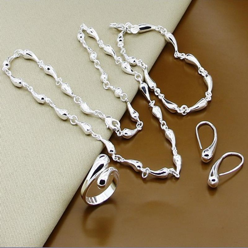 European & American Fashion Silver-Plated Jewelry Set: Exquisite Drop Bracelet, Necklace, Earrings, and Ring