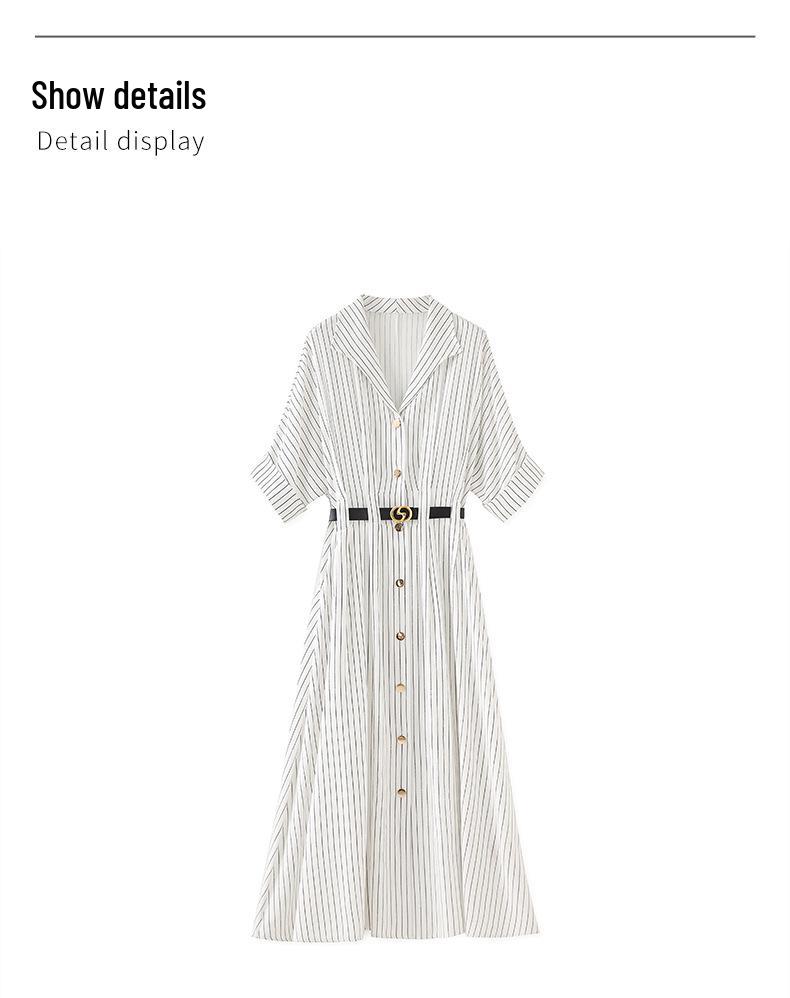 Women's Summer Striped Shirt Dress - High-End, Single-Breasted with Waist-Defining Fit