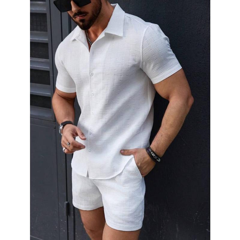 Men Fashion Casual Short Sleeve Shirt And Shorts Two Piece Beach Set S
