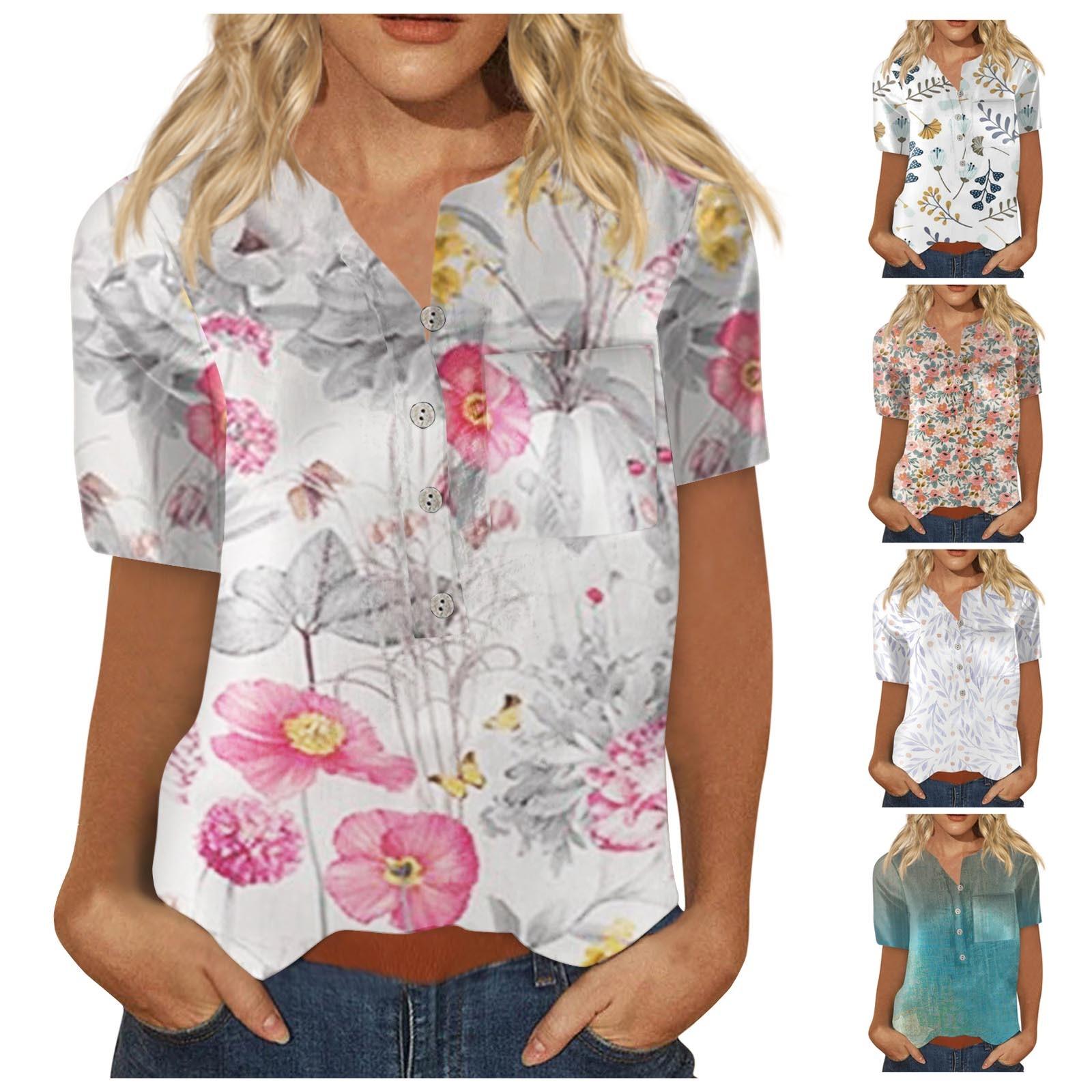 

Женские топы с цветочным принтом, женская модная повседневная рубашка с коротким рукавом на пуговицах, блузка