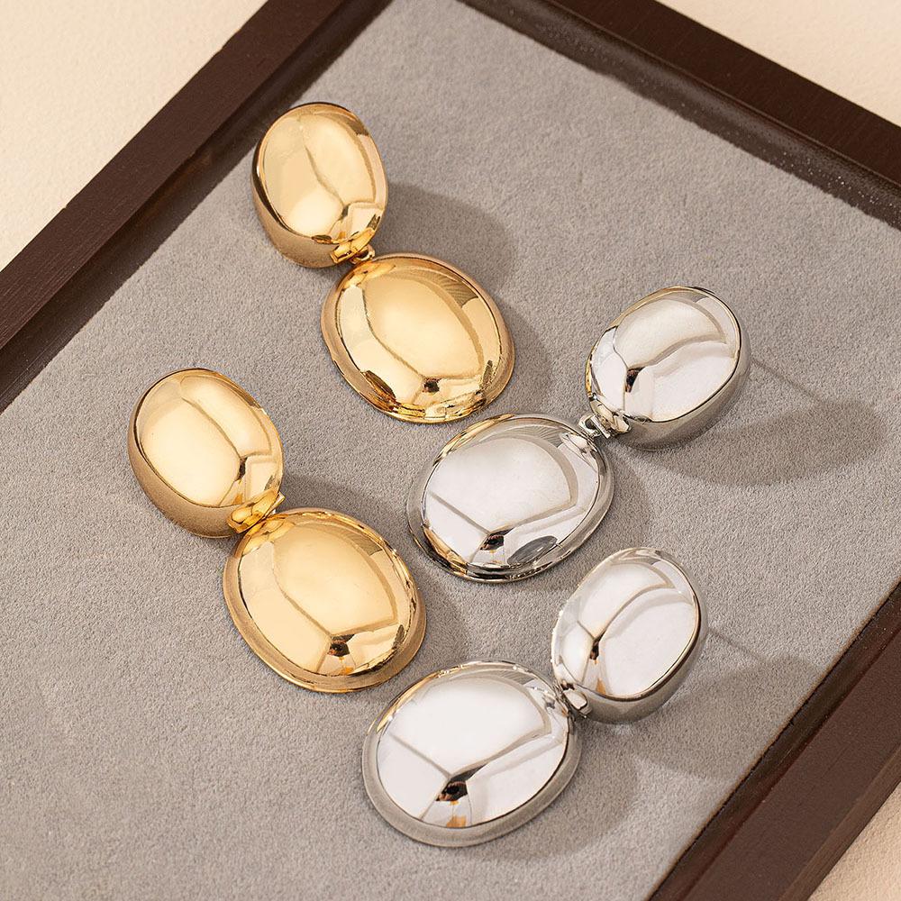 Silver Needle Exaggerated Geometric Oval Drop Earrings - Minimalist Metal Style with Light Surface Finish