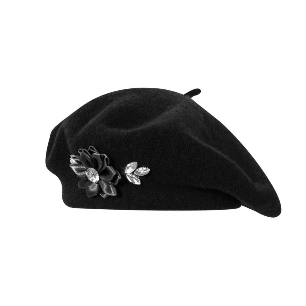 Solid Color French Style Painter Cap Floral Rhinestone Beret Hat Vintage Wool Beret Daily Use