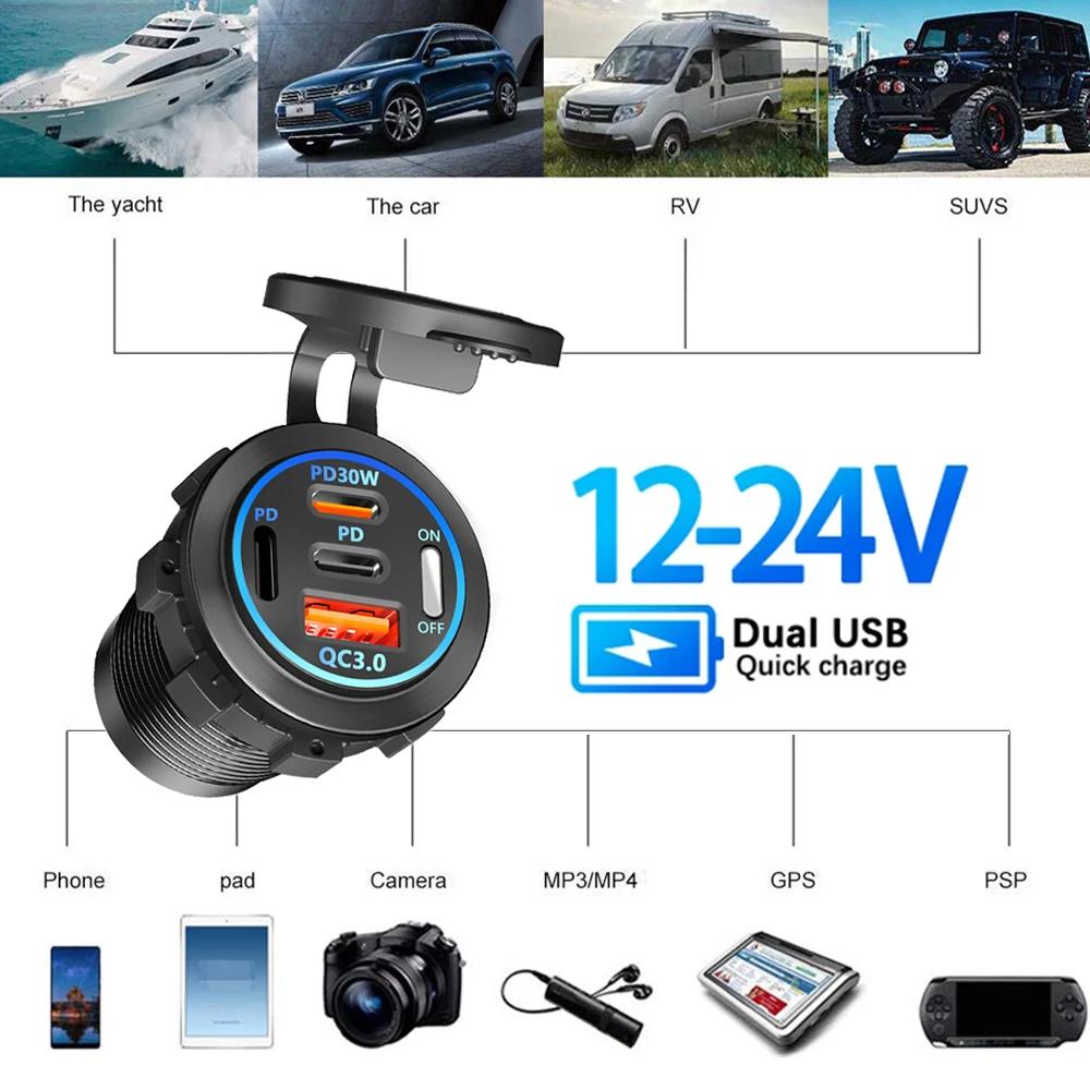 Car Charger Socket PD3.0 & QC3.0 Double USB C Ports Waterproof with LED Touch Switch 78W Fast Charging 12V/24V For Car Bus Truck RV Moto Adapter
