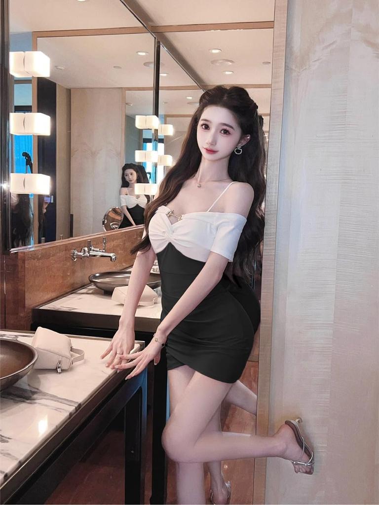 Rochie Mini Mini Strâmtă de Club de Noapte [Takusan Shopping], Sexy, de Damă, Cache-Coeur, Casual, Bicoloră, cu Șliț, de Birou, Fustă, Flatantă pentru Siluetă,