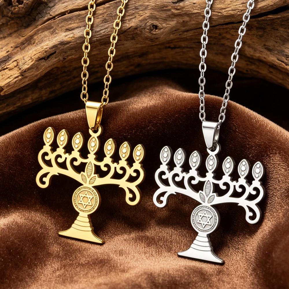 Chanukah Menorah Necklace Religious Jerusalem Temple Hanukkah Shammash Pendant Stainless Steel Judaica Jewelry