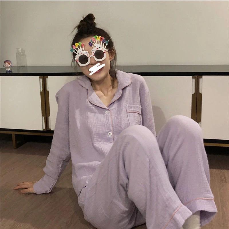 

Женская пижама, новый осенне-весенний комплект с длинными рукавами, мягкая пижама, однотонная пижама, женский домашний комплект для сна, кардиган XXL фиолетовый