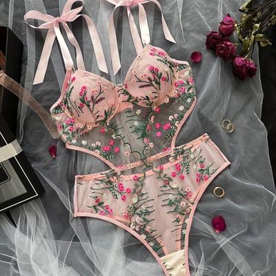 New French Floral Embroidery Ultra-thin Perspective Mesh Sexy One-piece Sex Set