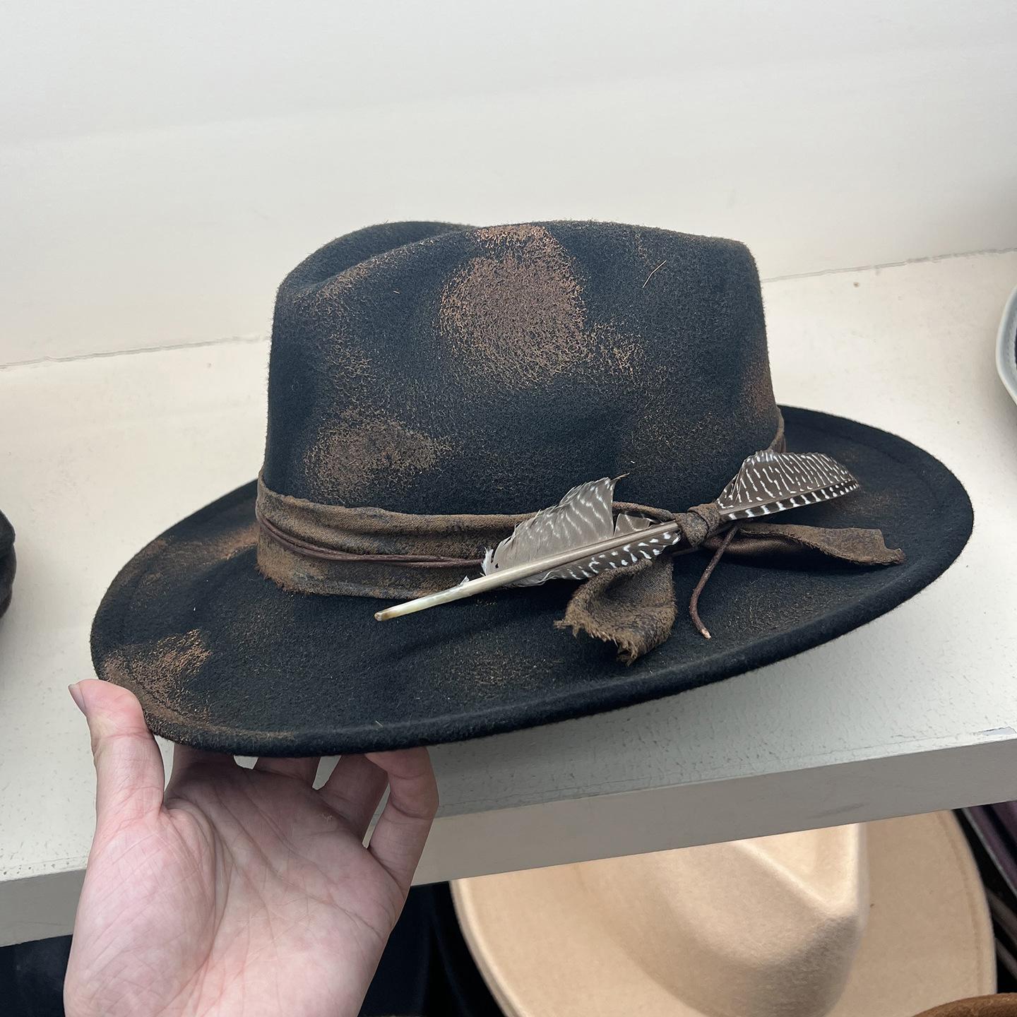 

Этнический стиль перья тесемка западный ковбой шляпа фетровая шляпа мужская и женская ретро шляпа цилиндр европейская и американская персонализированная джазовая шляпа M（56-58cm）