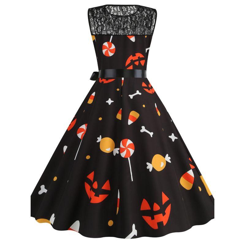 Amazon Fashion Halloween round Neck Print Lace Patchwork A- line Large Hem Mid-Length Sleeveless Vest Dress Women