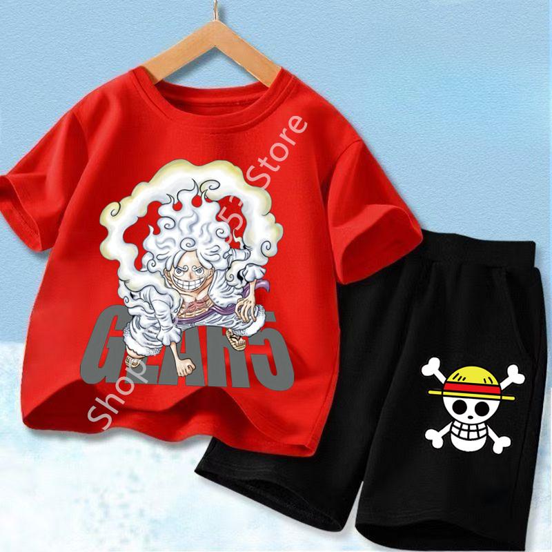 Ideal for Anime Fans, Comfortable and Fashionable Children's Clothing Cute One Piece Tony Tony Chopper Printed Kids T-Shirt Set