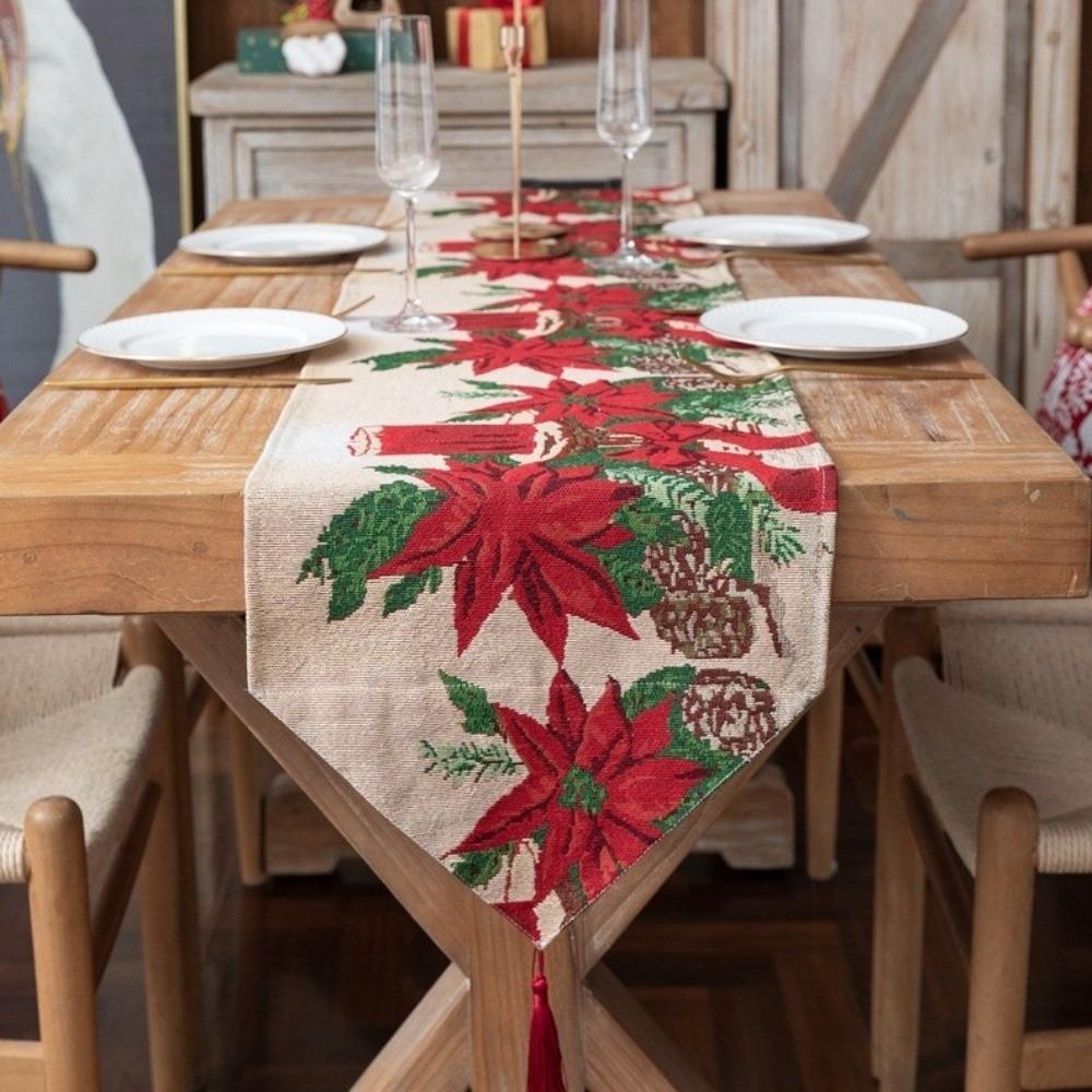 Household Tassel Christmas Table Runner Long Printed Snowman Tablecloth Table Flag Knitted Cloth Xmas Desktop Decoration Event