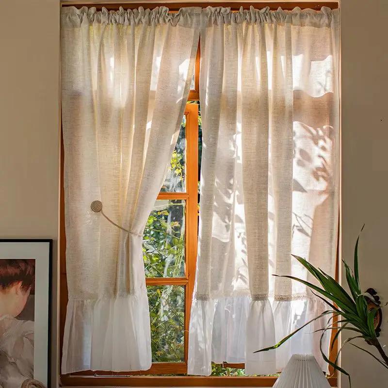 Linen Blending Spliced chiffon Curtains Road Pocket Shade Curtain for Kitchen Bedroom Living Room Bay Window Cabinet Curtain