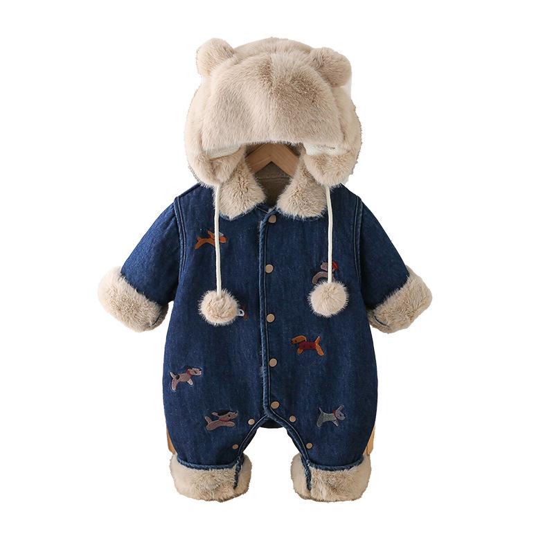 

Вышитый флисовый джинсовый комбинезон-парка с щенком для мальчиков и девочек - осенне-зимний стиль 73 cm темно-синий