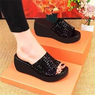 Soft Leather Wedge Heel High Heel Cool Slippers Women's Summer Wear 2025 New Popular Fashionable Thick-bottomed Muffin Bottom One-word Slippers