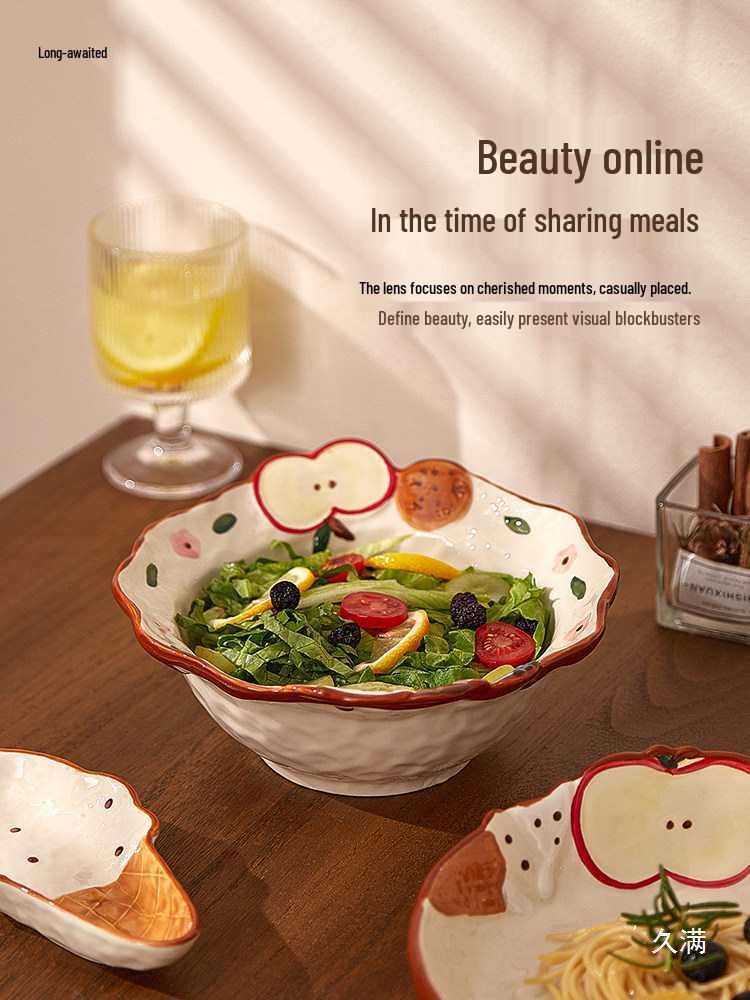 Süßes geprägtes Apfel Keramik Geschirr Set: Eisplatte, Reisschüssel, Nudelsuppenschüssel, Salat- und Pastateller