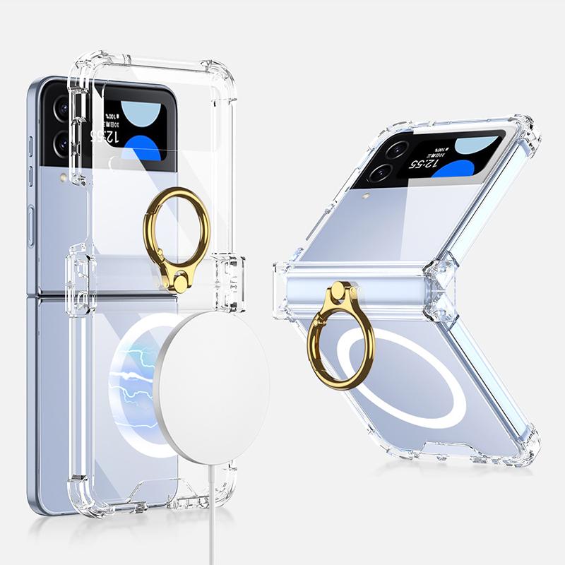 

For Samsung Galaxy Z Flip4 5G Magnetic Case Ring Kickstand TPU Phone Cover with Hinge Protection Transparent
