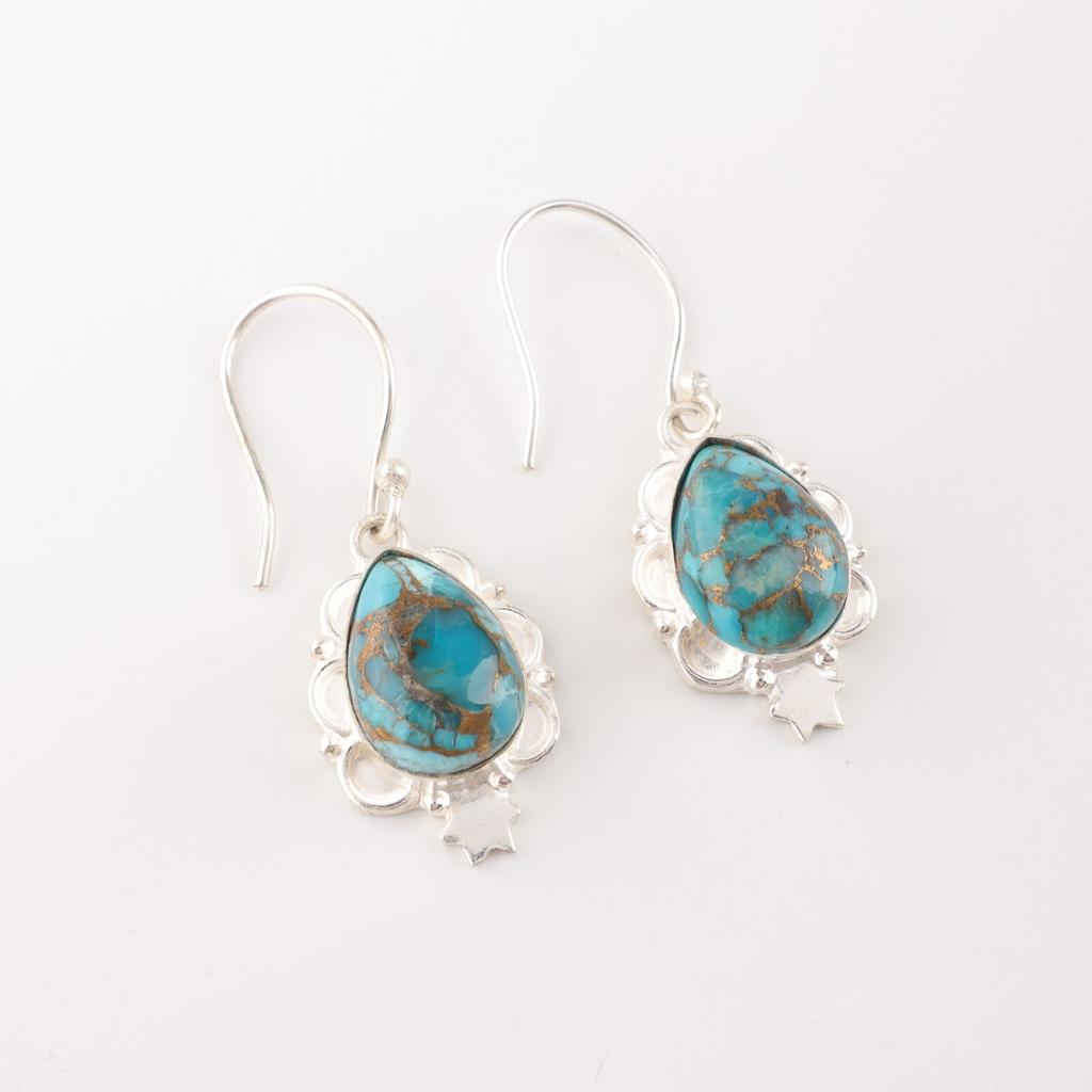 Blue Copper Turquoise Gemstone 925 Stamped Silver Handmade Jewelry Hook Earrings EE-163-40