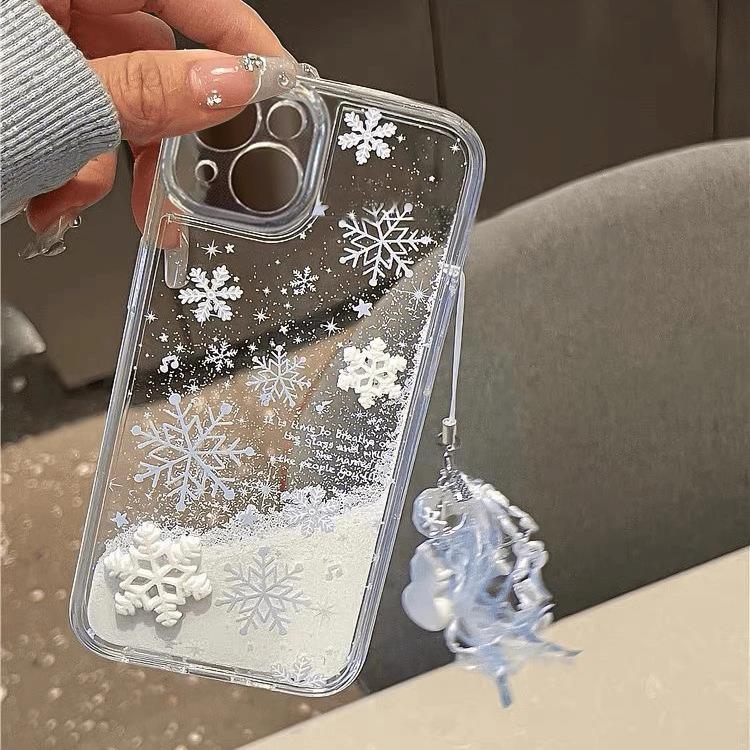 Winter Snowflake Quicksand Phone Case with Charm, Clear TPU Cover for iPhone with Snowman Pendant