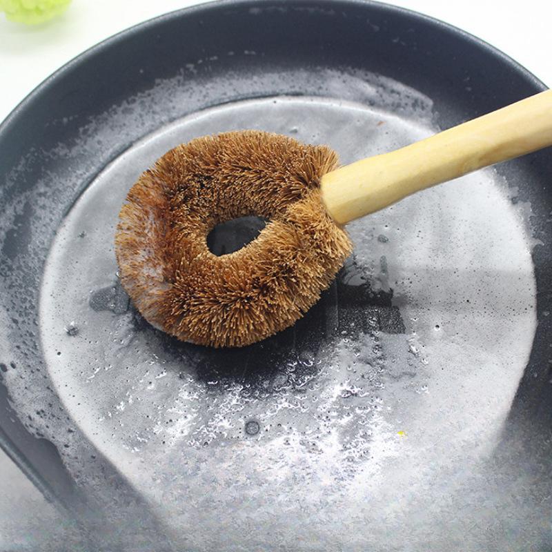 Natural Coconut Brown Pot Brush with Wooden Handle Oil-free Kitchen Supplies Cleaning Wooden Brush Tools Cleaning  Coconut Brush