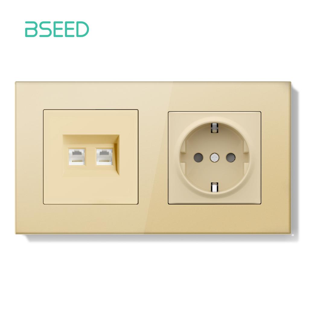 BSEED Dual Internet Sockets Single CAT6 Wall Socket EU Power Sockets Plus Network Data Computer Connecter Outlets Glass Panel