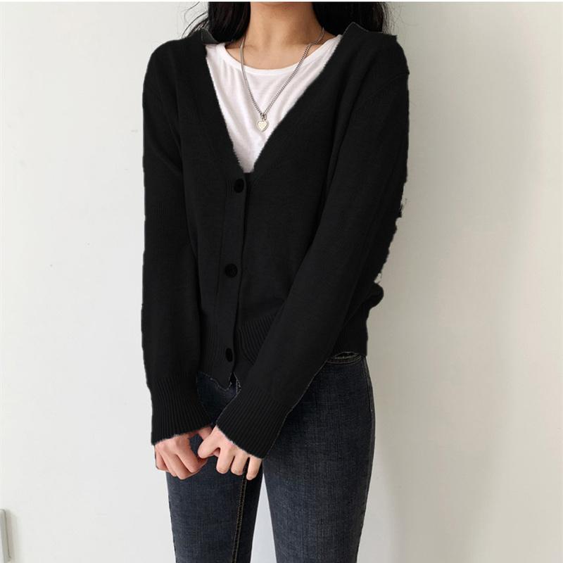 

Осенне-зимняя вязаная куртка с длинным рукавом и v-образным вырезом, свитер, повседневный однобортный кардиган, простые женские топы, трикотаж 29303 M чёрный