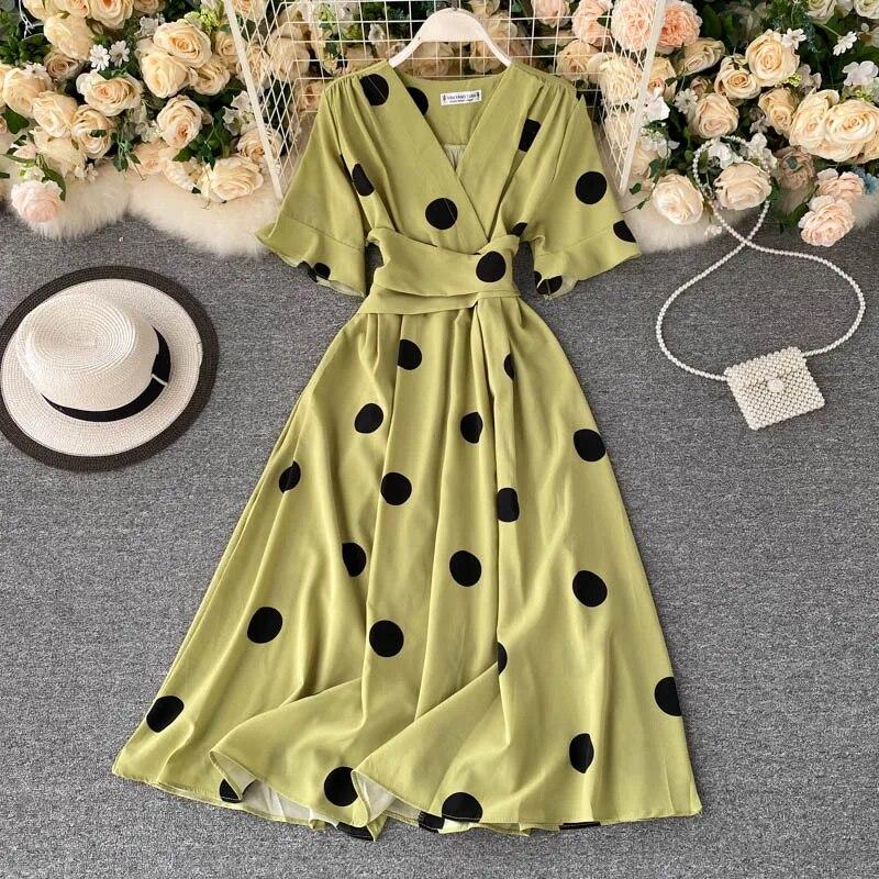 Moda Polka Dot Baskılı Kadın Elbise Yaz Zarif Vintage Bandaj İnce Bel Büyük Salıncak Uzun Parti Elbisesi