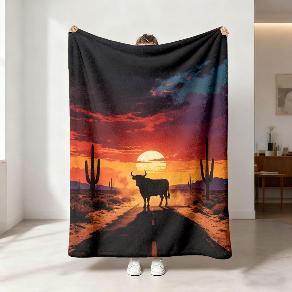 1Pc Western Desert Bull Sunset Landscape Flannel Blanket, 230g Soft Cozy Throw Blanket, Comfortable Nap Blanket For Sofa Couc