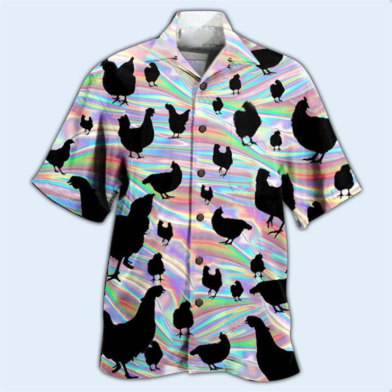 Latest Unisex Loose and Breathable 3D Printed Fashionable Chicken Shirt Beach Hawaiian Top Short Sleeved Summer Shirt
