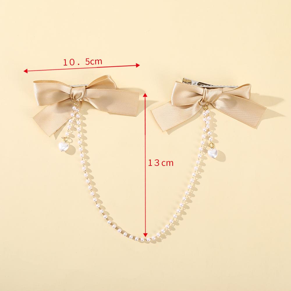 Women's Sweet Double Bow Hair Clip Tiaras Pearl Chain Decorative Hairpin Side Clip Girls Party Fashion Hairpin Hair Accessories
