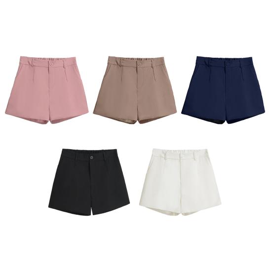 Women Shorts Elastic High Waist Button Zipper Fly Summer Suit Shorts with Pockets Solid Color