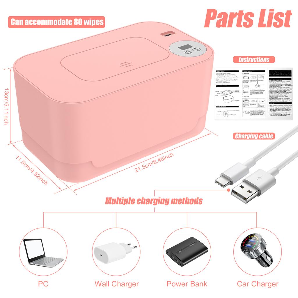 Baby Wipe Warmer Heater Wet Towel Dispenser Home/Car Use Mini Wipe Warmer Portable USB Powered 40-55°c Adjustable Temperature
