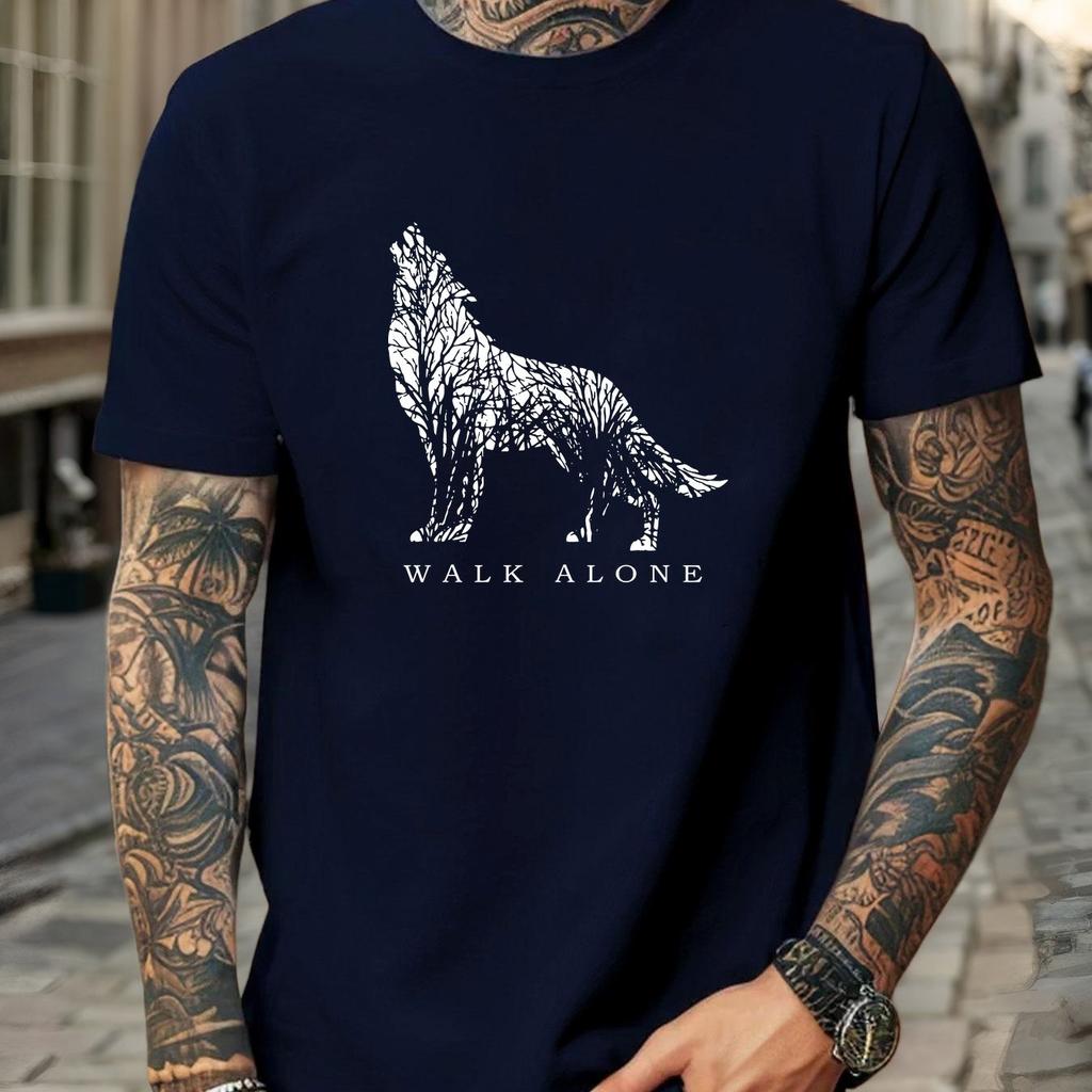 Men Wolf Pattern Cotton Tshirt  Casual Round Neck Short Sleeve Solo Design Summer Tee Summer Casual Wear Men Clothing