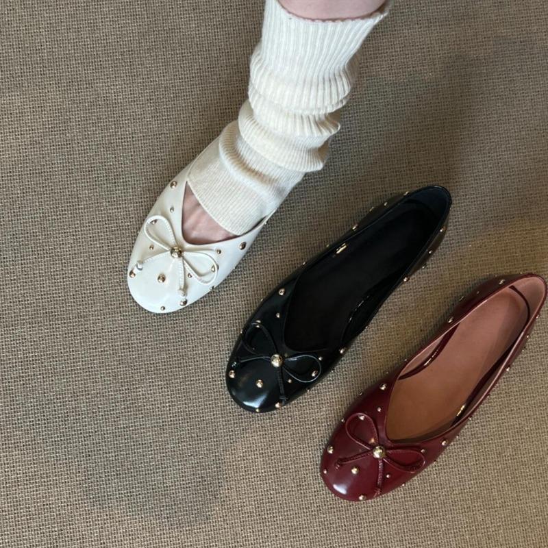 Fashion Women's Fashion Flat Shoes Spring New Round Head Shallow Mouth Rivet Butterfly Knot Soft Sole Waterproof Non-slip Single Shoes