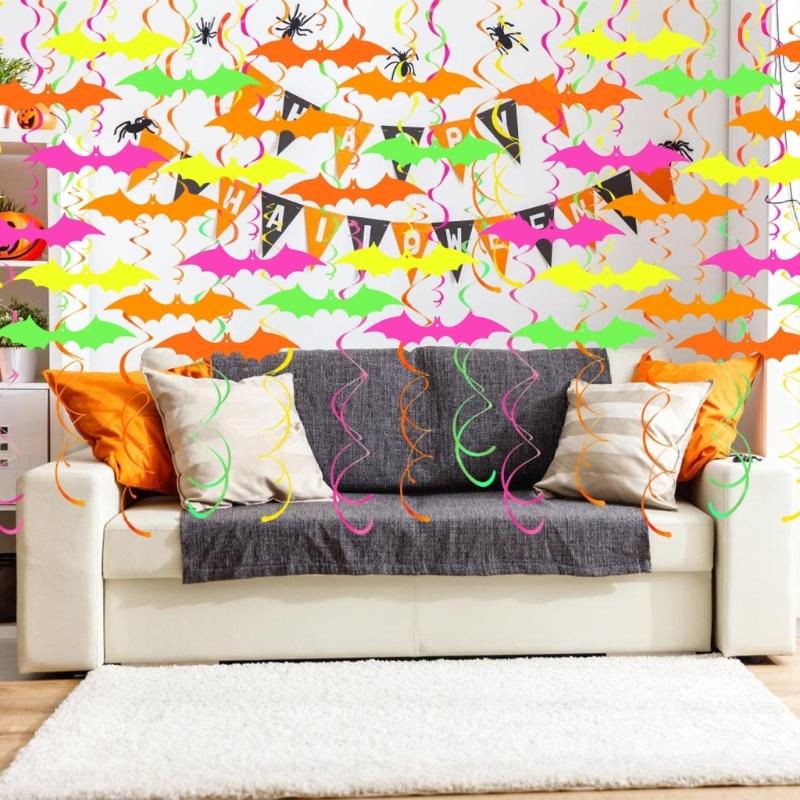 Fluorescent Halloween Bat Spirals Ornament Easy Hanging Party Supplies Recyclable Paper Materials Swirls Accessories