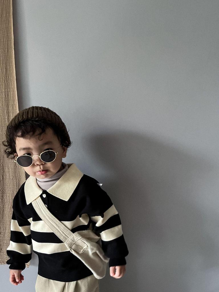 Mori Style Children's Knitted Sweater - Striped, Two-Button, Turn-Down Collar, Casual and Fashionable for Boys and Girls in Spring and Autumn.