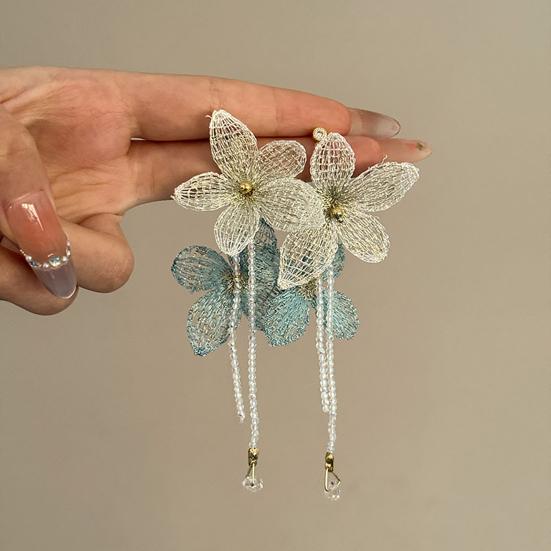 Women Choker Necklace Handmade Embroidery Exaggerated Large Flower Decor Imitation Pearl Tassel Earrings Holiday Jewelry Gift