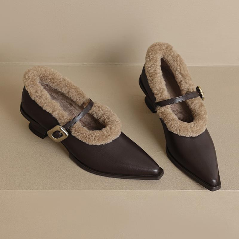 Fashion Elegant Metal Buckle Mary Janes Woman Chic  Brand Design Fur Low Heel Dress Shoes Ladies Winter Warm Plush Belt Pump Zapatos