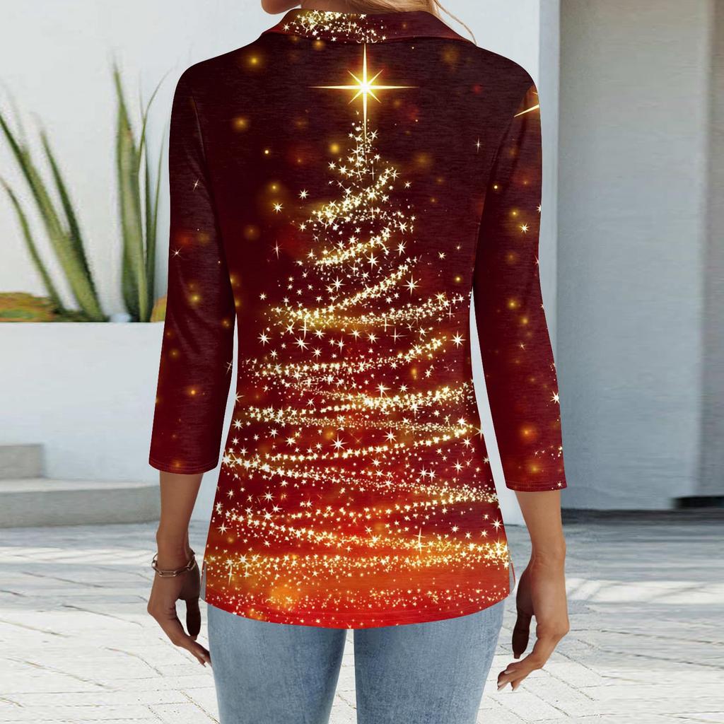 Mote dame casual revers kort 3/4 ermet juleprint skjorte dame knapp opp topper