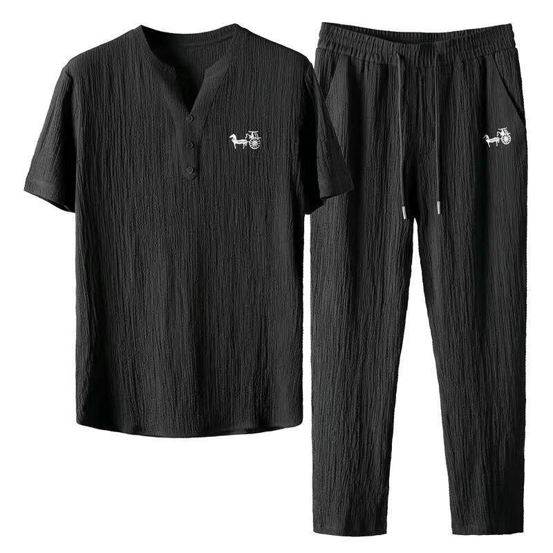2024 Men's Chinese Style Embroidered Summer Sports Suit, V-Neck, Slim Casual Two-Piece
