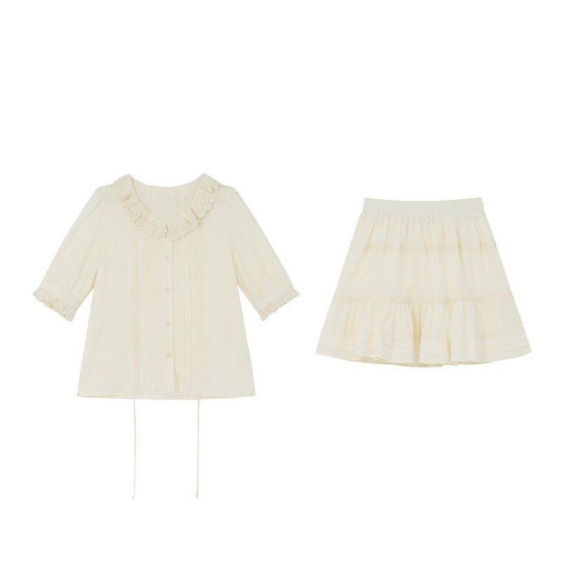 Women's Ruffle V Neck Short Sleeve Top And Elastic Waist Mini Skirt Two Piece Set Solid Cotton Elegant French Summer Outfit