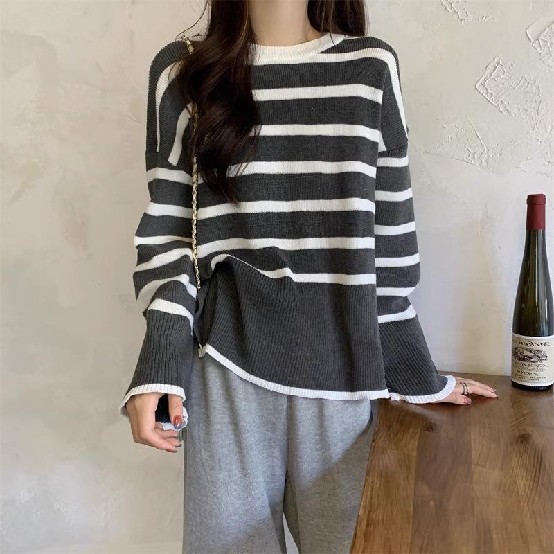 Designed Retro Striped Long-sleeved Sweater for Women In Spring and Autumn New Style Sweater Niche Loose Slimming Top for Women