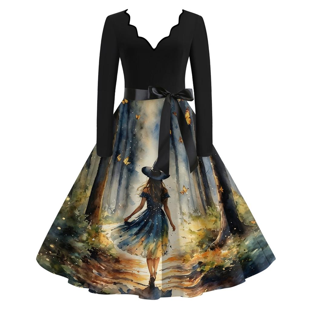 Women's Retro Long Sleeve V-Neck Halloween Witch Print Party Dress