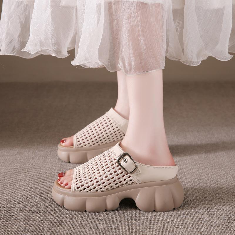 Thick-bottomed muffin Birkencool slippers for women's summer wear 2025 new high-end skirt hollow-woven one-word slippers