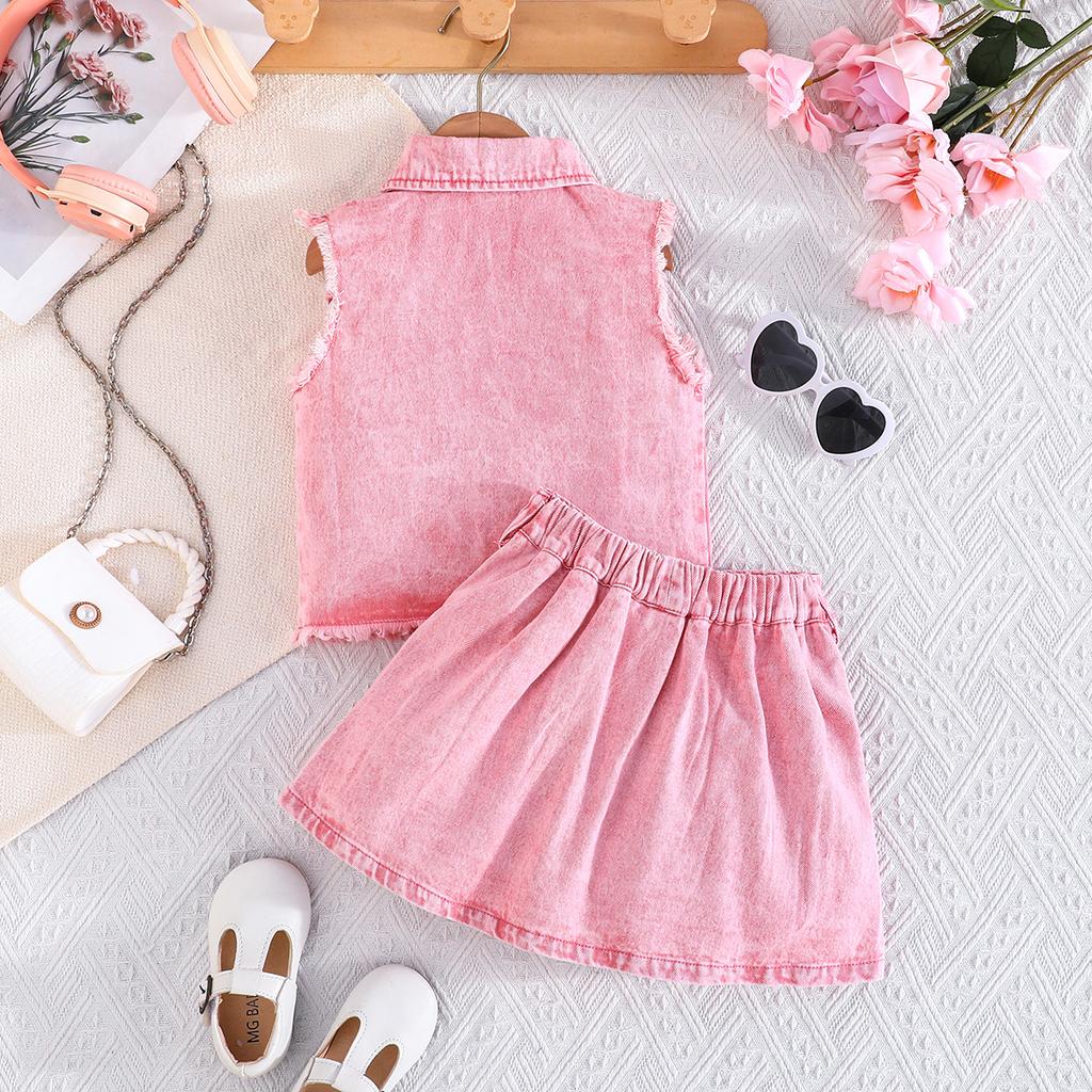 Kids Casual Denim Outfit, 2-Piece Frayed Edge Vest and Pleated Skirt