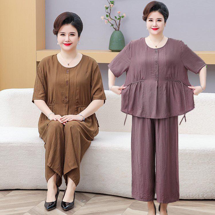 Fat Mama Retro Chinese Style Short Sleeve T-shirt & Wide Leg Pants Plus Size Set for Middle-Aged and Elderly Women