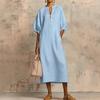 Robe d'été en coton et lin pour femme Robe tunique longue décontractée à manches courtes bouffantes Fermeture éclair Col rond Coupe ample Robe de vacances avec poches