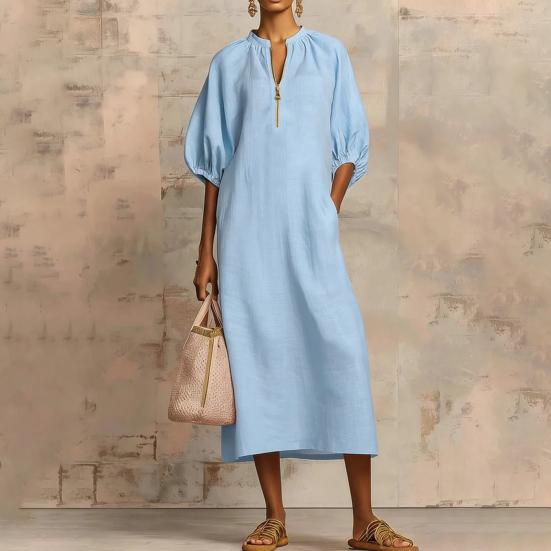 Robe d'été en coton et lin pour femme Robe tunique longue décontractée à manches courtes bouffantes Fermeture éclair Col rond Coupe ample Robe de vacances avec poches